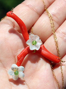 天然红宝石枝枝白水晶花朵贝壳花花14k包金一体链项链新中式挂件