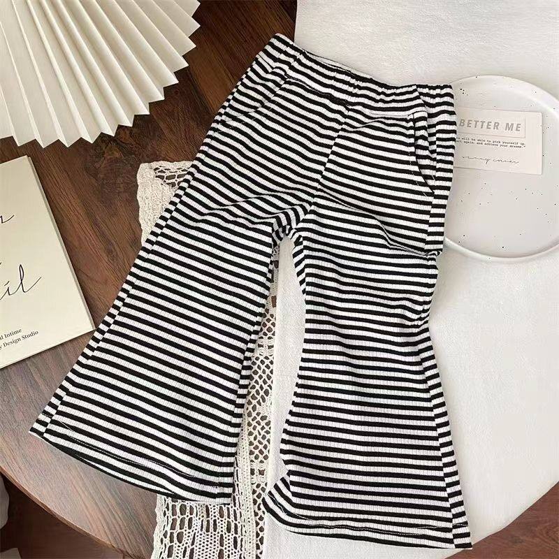 女童时髦夏季套装洋气2025新款宝宝卡通休闲条纹短袖喇叭裤套装,淘宝优惠券,粉丝福利购,淘宝优惠卷