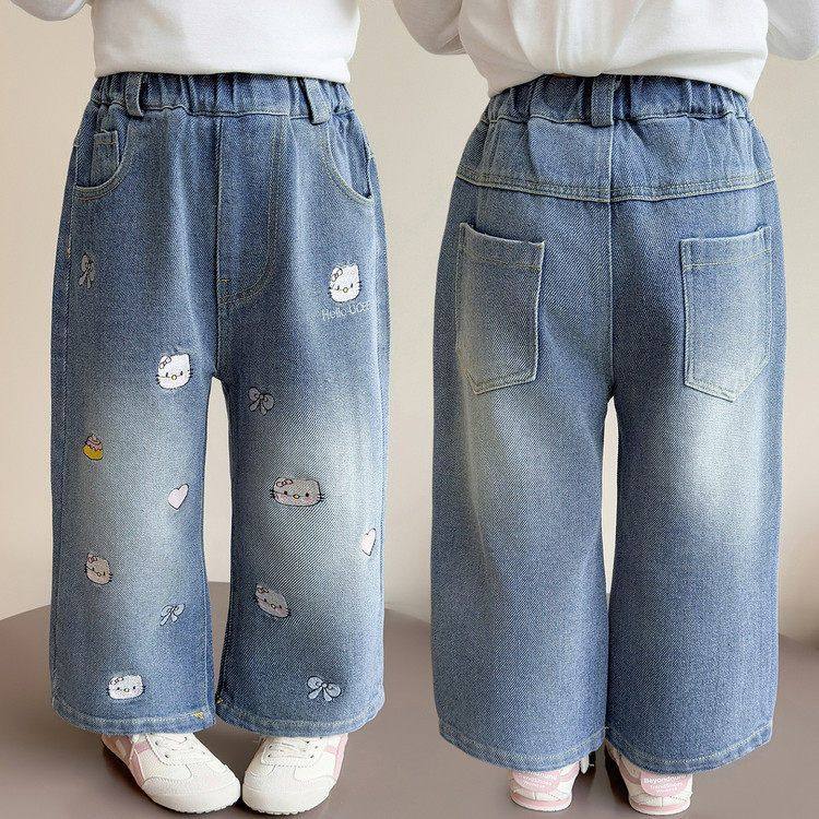 韩系女童秋季新款长裤25新款卡通可爱刺绣kt猫阔腿宽松直筒牛仔裤,淘宝优惠券,粉丝福利购,淘宝优惠卷