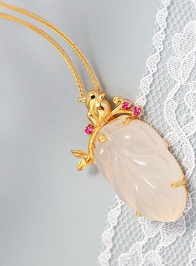 天然白玉髓树叶镀金吊坠925纯银