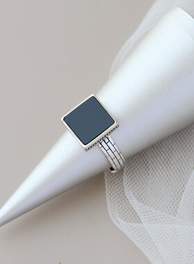 银宸首饰 简约时尚中性925纯银戒子 镶天然黑玛瑙方形复古银戒指