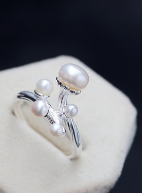 银宸首饰 镶天然淡水珍珠开口银戒指优雅女士时尚百搭925纯银戒子