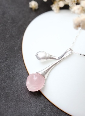 镶天然粉水晶长花瓣银吊坠简约