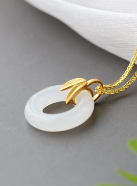 银宸首饰 清新古风竹叶女士925纯银项坠镶天然和田白玉环镀金吊坠