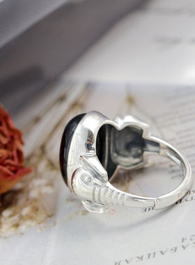 925纯银大象开口戒指天然黑玛瑙