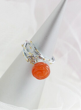 天然南红玛瑙复古莲花925银戒指