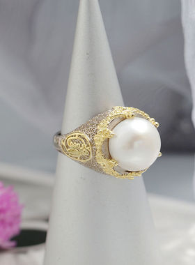 镶天然淡水珍珠银指环复古奢华