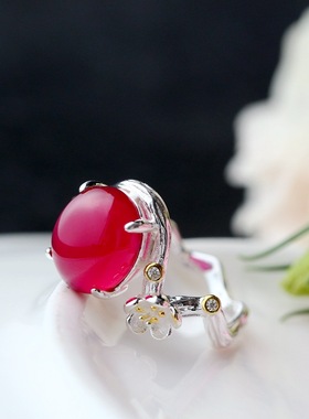 银宸首饰 镶红刚玉925纯银戒指 开口银女戒 复古梅花银戒子银饰