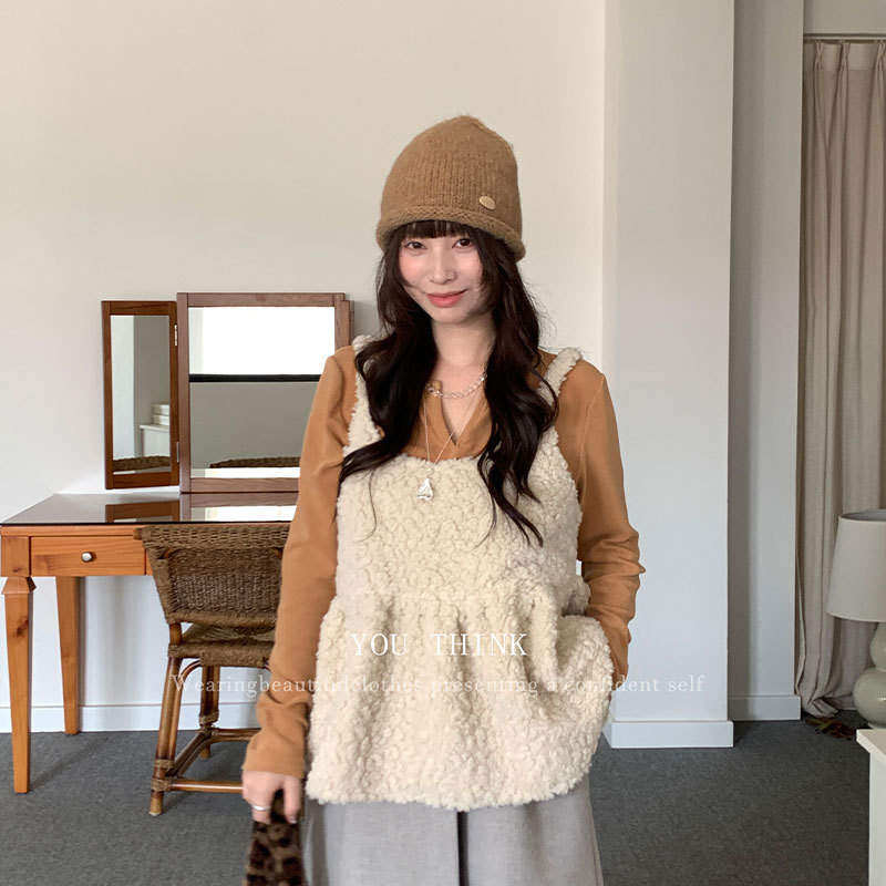 韩版高级you think冬季韩系百搭柔软休闲仿羊羔绒吊带背心1654背,淘宝优惠券,粉丝福利购,淘宝优惠卷