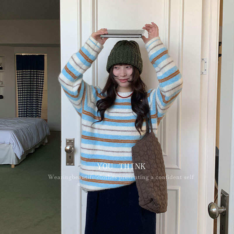 韩版高级think冬季韩系减龄百搭休闲条纹针织毛衣女13902025年冬,淘宝优惠券,粉丝福利购,淘宝优惠卷