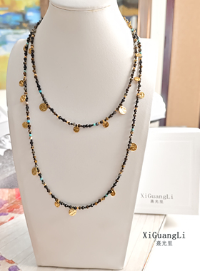 度假黑曜石串珠项链锁骨链希腊小众设计金色锤片毛衣链叠戴长项链