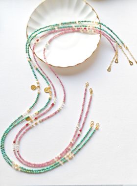 天然石蔷薇辉石长款项链玫红色多圈手链招桃花首饰好运项链女水晶