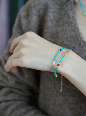 天然蓝绿松石手链宝石珍珠复古设计高级串珠双层手串绿松手链