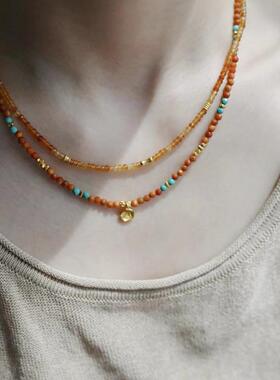 新中式天然南红国风项链绿松石手作串珠锁骨链纯银镀金吊坠坠项链