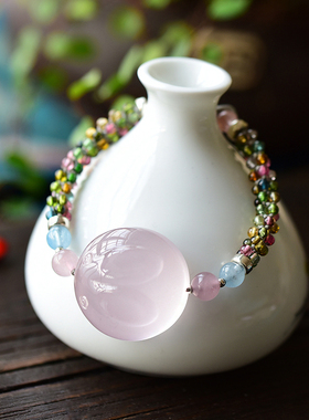 粉水晶生肖萌兔手链款粉晶碧玺手工编织手串送友闺蜜礼物饰品