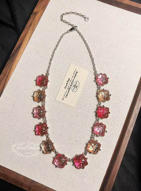 欧美宫廷中古vintage复古气质透粉色方形果冻琉璃短款项链手链女