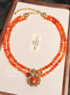 欧美宫廷风中古vintage复古气质铜镀金做旧天然石花朵项链耳环女