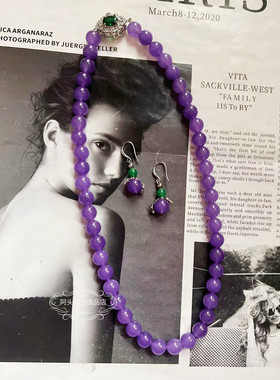 欧美宫廷中古vintage复古气质铜镶紫色串珠天然石项链耳环套装女