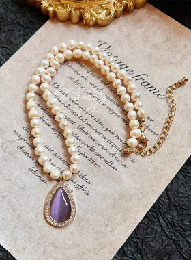 欧美宫廷风紫色猫眼耳环项链女