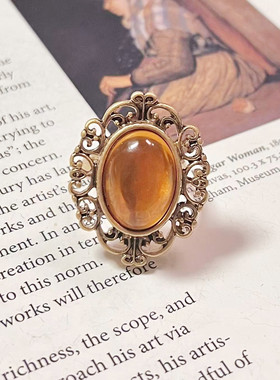 中古风vintage小众高级感复古铜镀金彩钻琉璃花朵珍珠开口戒指女