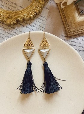 欧美风复古几何黑色长款流苏吊坠