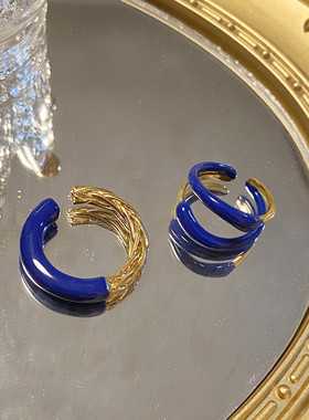 欧美风不褪色蓝色滴油麻花戒指女