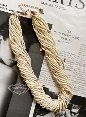 欧美宫廷中古vintage复古气质黑白色米珠串珠缠绕多层短款项链女