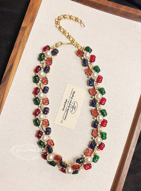 欧美宫廷中古vintage复古铜镀金做旧彩色果冻琉璃珍珠项链耳环女