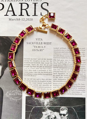 欧美宫廷中古vintage复古气质紫红色方形宝石金属短款项链耳环女