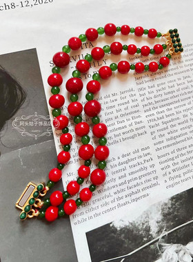 欧美中古风vintage复古气质红绿琉璃串珠多层项链手链耳环夸张女