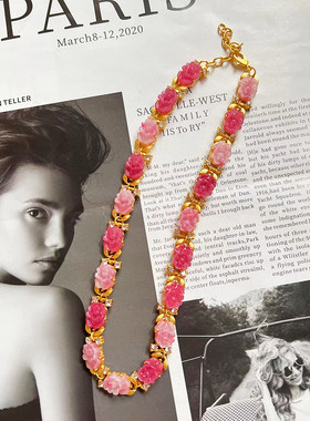 欧美风vintage复古宫廷气质粉色渐变玫瑰花胸针项链耳环套装女