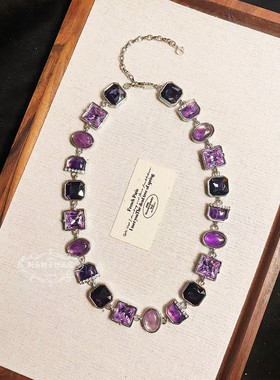 欧美宫廷中古vintage复古气质紫色水晶天然石闪钻项链手链套装女