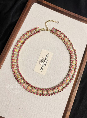 欧美宫廷风中古vintage复古气质做旧粉色花朵闪钻项链手链耳环女