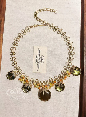 欧美宫廷中古vintage复古气质做旧圆形橄榄绿蜻蜓项链耳环套装女