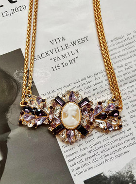 欧美宫廷中古风vintage复古气质紫色宝石树脂人像耳环短款项链女