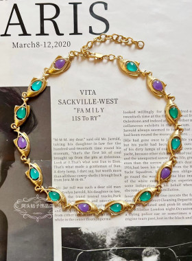 欧美宫廷中古vintage复古气质蓝紫色镂空小鱼金属短款项链耳环女