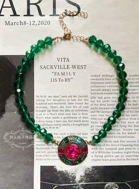 宫廷风中古vintage复古气质绿色水晶短款项链圆形彩钻耳环套装女