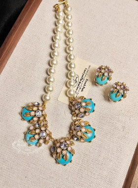 欧美宫廷风中古vintage复古气质铜镀金做旧蓝松石耳环珍珠项链女