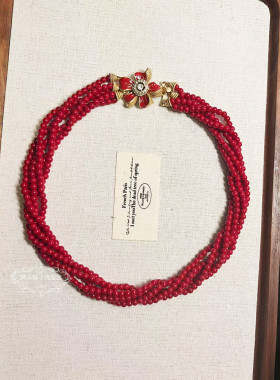 欧美宫廷风中古vintage复古气质做旧红色花朵串珠多层项链耳环女