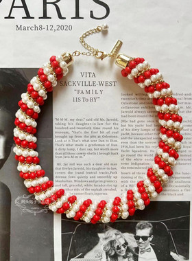 欧美宫廷风中古vintage复古气质红色圆珠珍珠缠绕短款项链耳环女