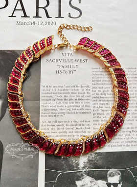 欧美宫廷中古vintage复古气质玫红色闪钻花朵胸针戒指耳环项链女