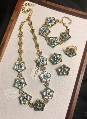 欧美宫廷风中古vintage复古气质做旧蓝色花朵项链手链耳环戒指女