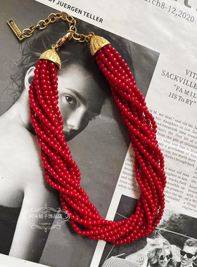 欧美宫廷风中古vintage复古气质红色串珠缠绕多层项链玛瑙耳环女