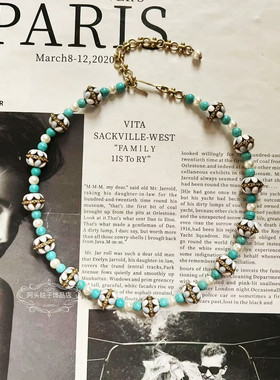 欧美宫廷风中古vintage复古气质做旧蓝色滴油松石串珠项链耳环女