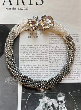 宫廷风中古vintage复古气质灰色珍珠麻花多层金属花朵项链耳环女