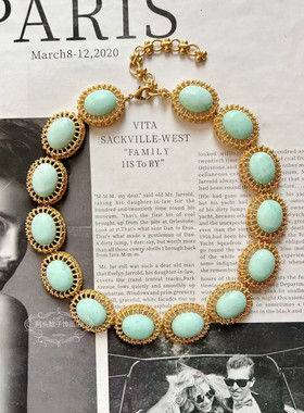 欧美宫廷中古vintage复古气质薄荷绿椭圆金属耳环手链短款项链女