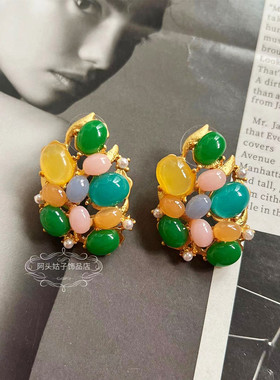 欧美宫廷中古彩色花朵耳环手链女