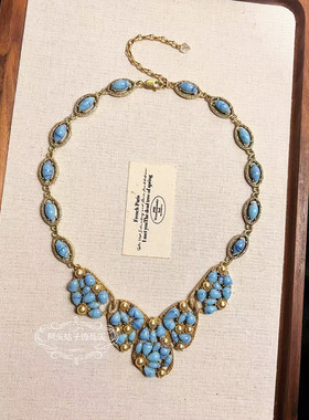 欧美宫廷风中古vintage复古气质做旧蓝色几何珍珠项链耳环套装女