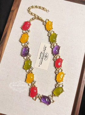 宫廷风中古vintage复古铜镀金做旧彩色果冻琉璃项链天然石耳环女