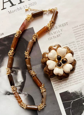 欧美风高级感复古气质美拉德竹节串珠短款项链金属耳环花朵胸针女